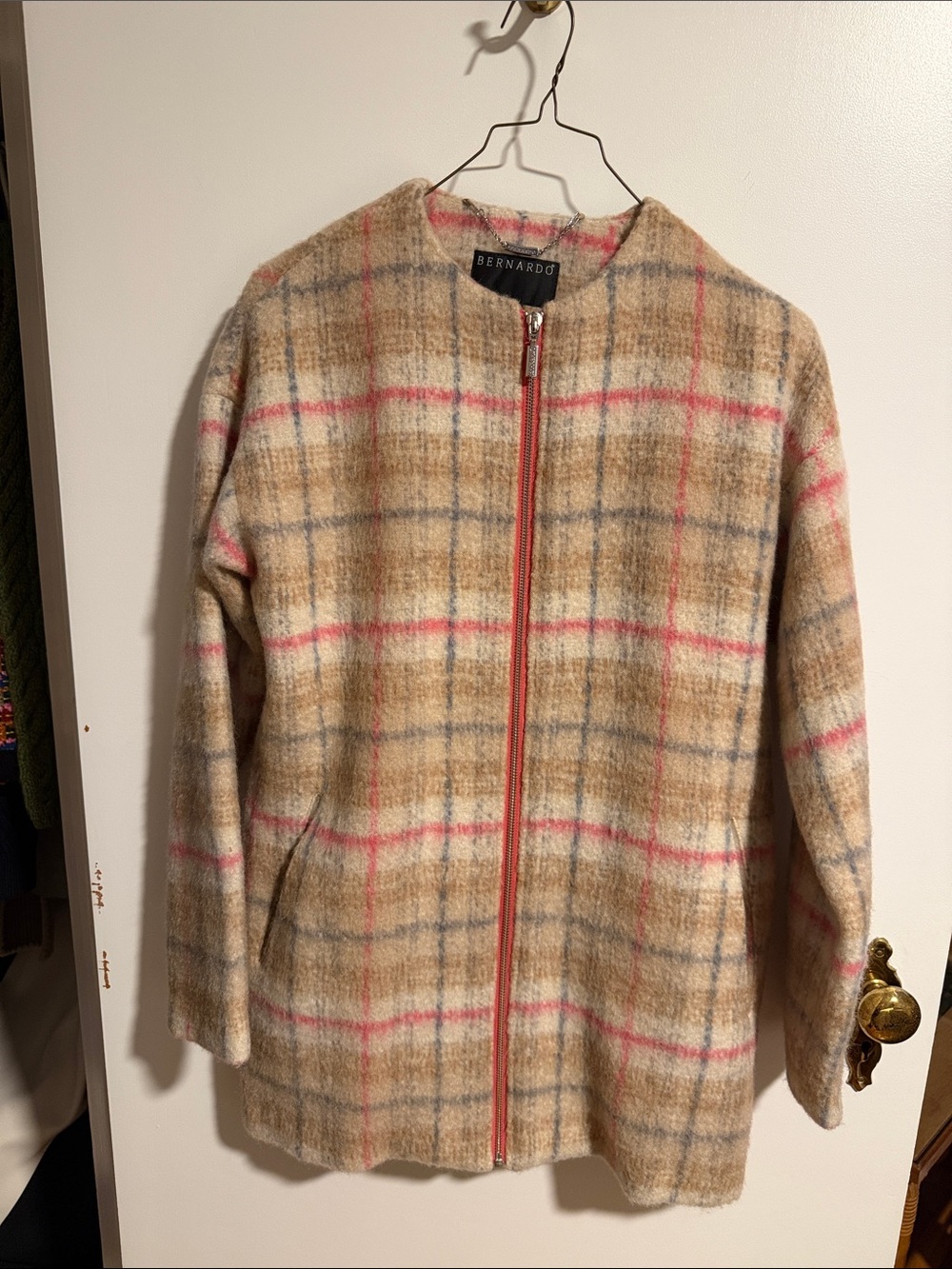 Bernardo Plaid Zip-Front Coat in Beige with Pink Accents